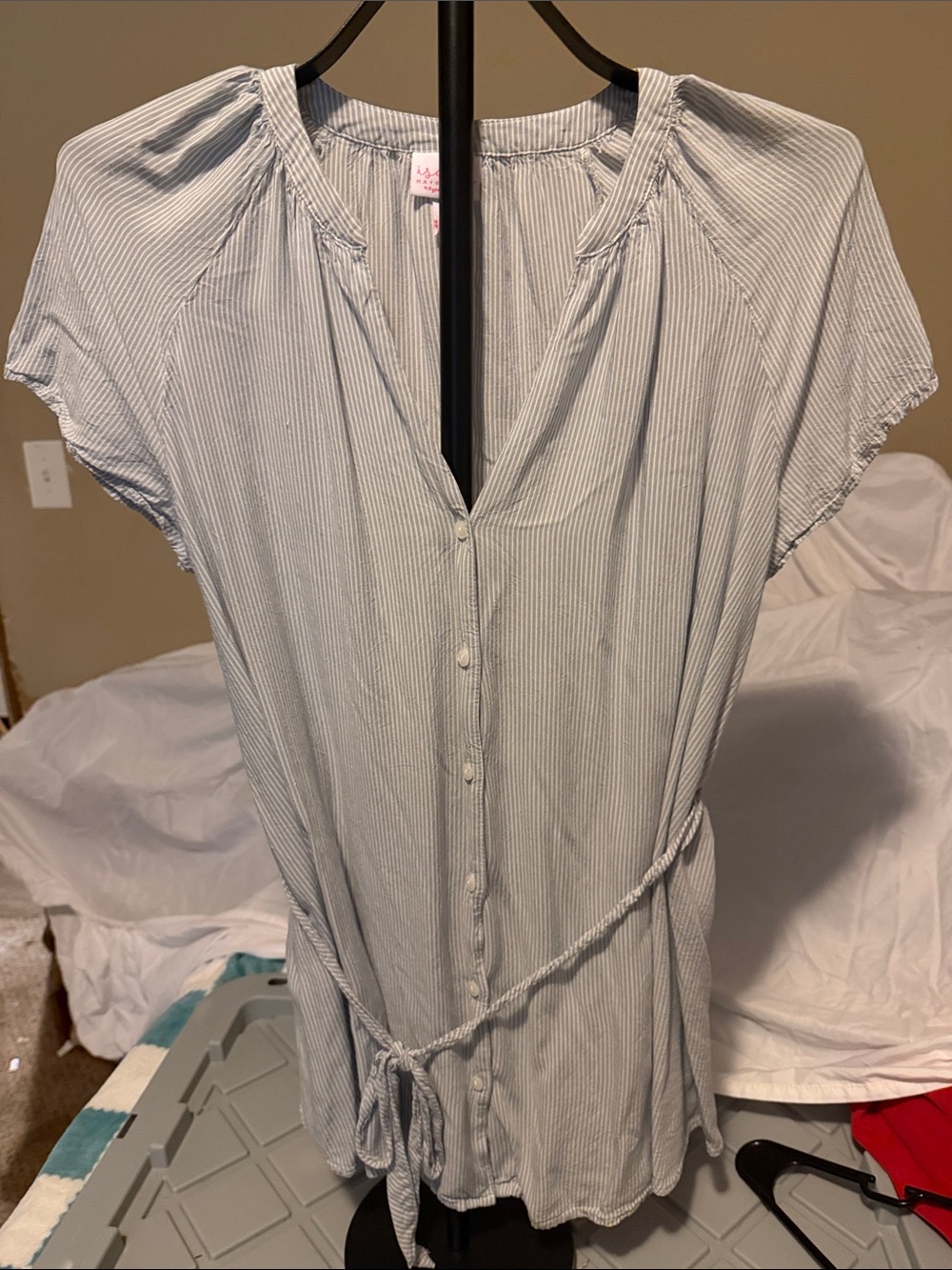 Light Blue Striped Button-Front Women's Top with Tie Waist